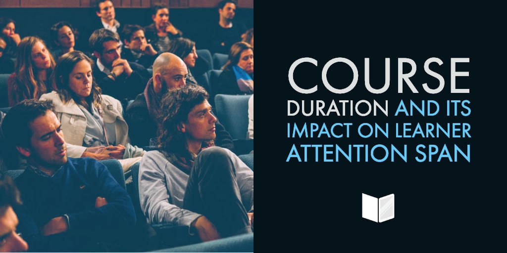 Words: Course Duration and Its Impact on Learner Attention Span and image of a group of students sitting in a college classroom listening attentively